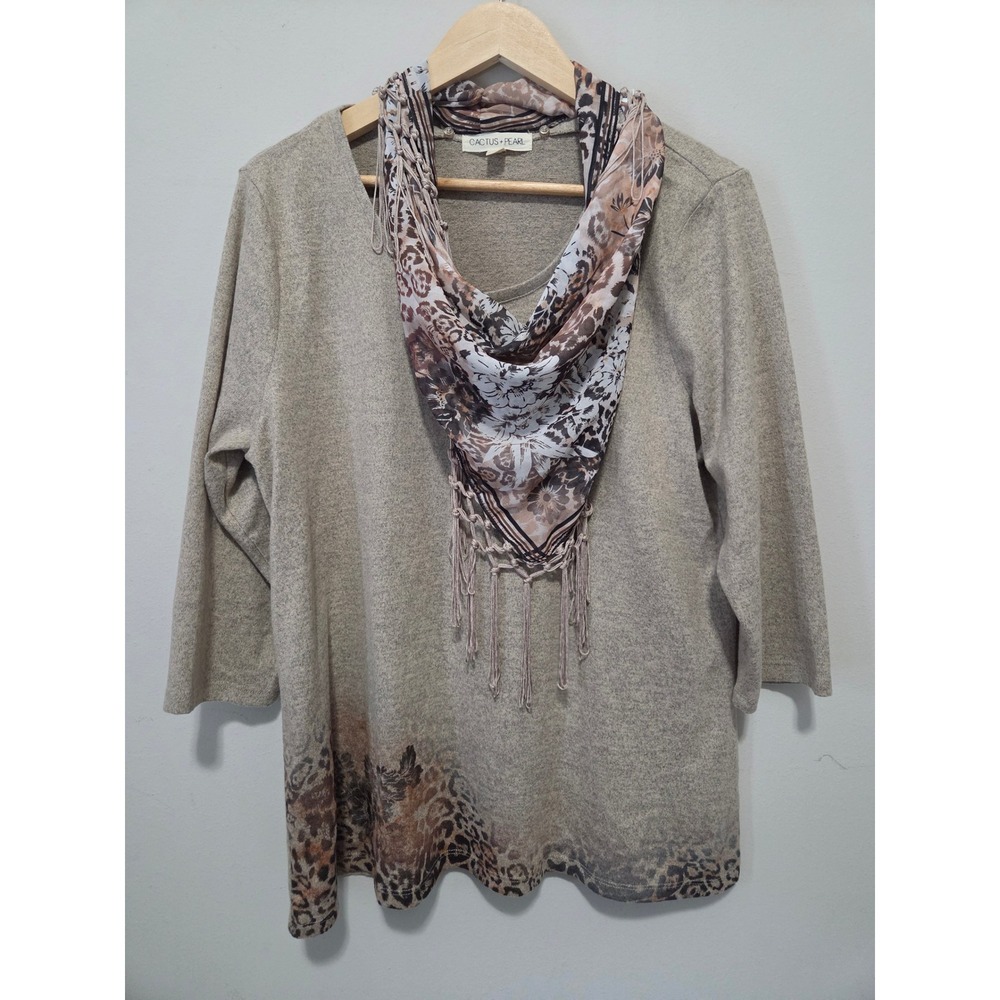 Cactus + Pearl Women Large Taupe Animal Print Top with Detachable Scarf L